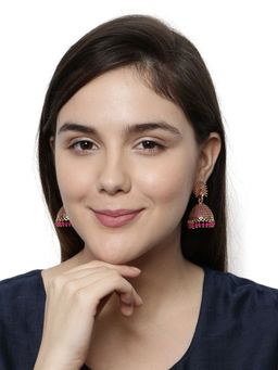 Anika's Creations - Gold Plated & Pink Peacock Shaped Enamelled Jhumkas