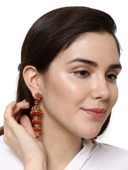 Anika's Creations - Gold Plated & Red Enamelled Peacock Shaped Jhumkas