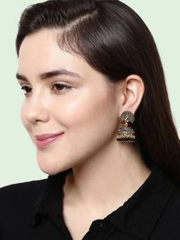 Anika's Creations - Gold Plated & Black Peacock Shaped Enamelled Jhumkas