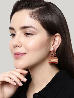 Anika's Creations - Gold Plated Red Leaf Shaped Enamelled Jhumkas