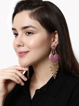 Anika's Creations - Pink & Gold-Plated Enamelled Peacock Shaped Drop Earrings