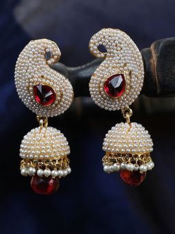 Anika's Creations - Big Carry Red Stone and Off White Pearl Embellished Jhumka