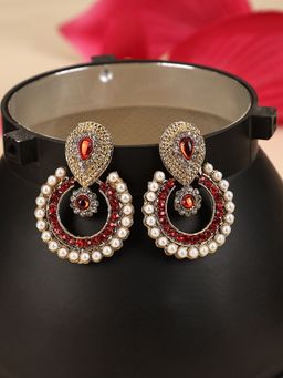 Anika's Creations - Stone and Pearl Studded Red Geometric Shaped Chandbali Earrings