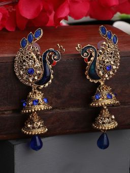 Anika's Creations - Traditional Peacock Shape Blue Stone Studded 2 Floor Jhumka Earrings
