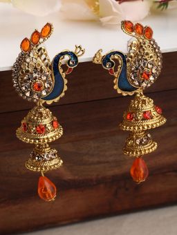 Anika's Creations - Traditional Peacock Shape Orange Stone Studded 2 Floor Jhumka Earrings