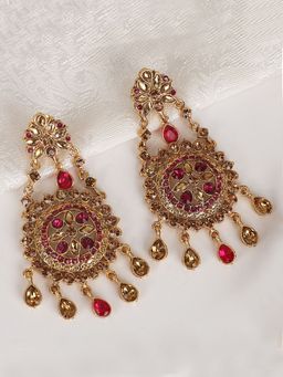 Anika's Creations - Magenta Gold Plated Cubic Zirconia Floral Shape Chandbali Earrings