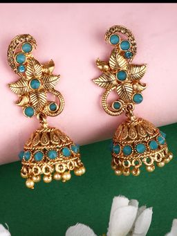 Anika's Creations - Blue Gold Tone Traditional Brass Turquoise Stone Studded Jhumka