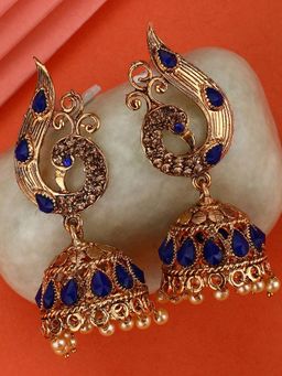 Anika's Creations - Peacock Shaped Brass Traditional Gold Tone Blue Stone Studded Jhumka Earrings