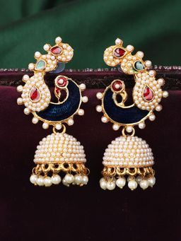 Anika's Creations - Off-White Peacock Traditional Pearl and Meenakari Brass Jhumka Earrings