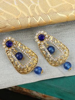 Anika's Creations - Exclusive Design Gold Plated Stone Studded Blue Rectangular Shape Drop Earrings