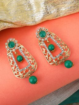 Anika's Creations - Exclusive Design Gold Plated Stone Studded Green Rectangular Shape Drop Earrings