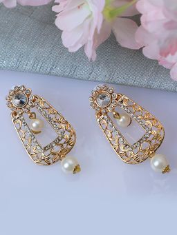 Anika's Creations - Exclusive Design Gold Plated Stone Studded White Rectangular Shape Drop Earrings