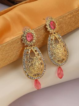 Anika's Creations - Exclusive Design Gold Plated Stone Studded Pink Oval Shape Drop Earrings