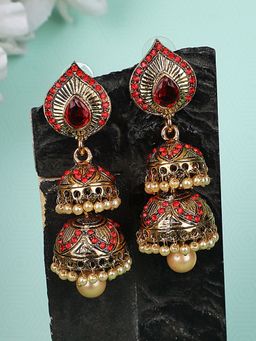 Anika's Creations - Red Stone Studded & Beaded 2 Floor Dome Shaped Jhumkas