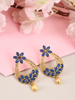 Anika's Creations - Exclusive Blue & Gold Floral Design Brass Drop Earrings