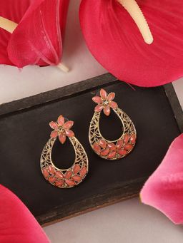Anika's Creations - Exclusive Pink & Gold Floral Design Brass Drop Earrings