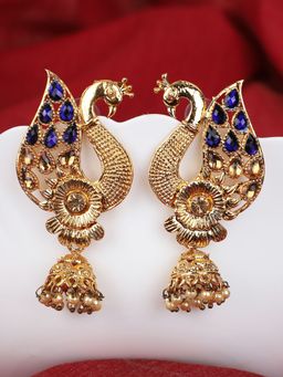 Anika's Creations - Peacock Shaped Traditional Brass Gold Plated Blue Stone Studded Jhumka Earrings