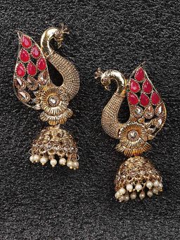 Anika's Creations - Peacock Shaped Traditional Brass Gold Plated Pink Stone Studded Jhumka Earrings