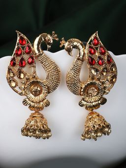 Anika's Creations - Peacock Shaped Traditional Brass Gold Plated Red Stone Studded Jhumka Earrings