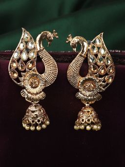 Anika's Creations - Peacock Shaped Traditional Brass Gold Plated White Stone Studded Jhumka Earrings