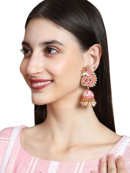 Anika's Creations - Pastel Pink Peacock Shaped Gold Plated Meenakari Jhumka