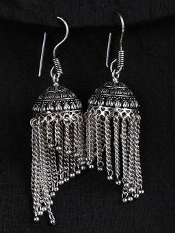 Anika's Creations - Silver Tone Asymmetric Oxidised Tasselled Jhumka Earrings