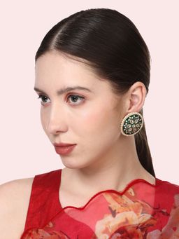 Anika's Creations - Trendy Enamelled Green Tone Pearl and Stone Round Shape Stud Earrings