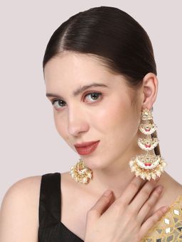 Anika's Creations - Gold Tone 3 Floor Traditional Red Pearl and Stone Studded Earrings