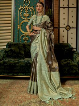 Akhilam - Womens Silk Blend Brown Woven Designer Saree with Unstitched Blouse