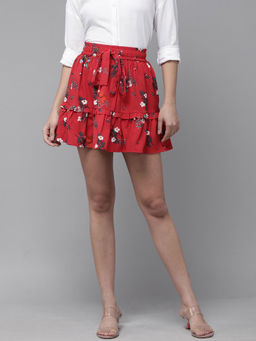 RARE - Women Casual Red Printed Knee Length Skirt