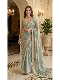 HANDME - Women's Green Silk Embellished/Sequined Saree with Unstitched Blouse