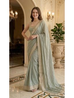 HANDME - Women's Green Silk Embellished/Sequined Saree with Unstitched Blouse