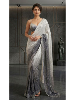 HANDME - Women's Multi-Colour Net Ombre Saree with Unstitched Blouse