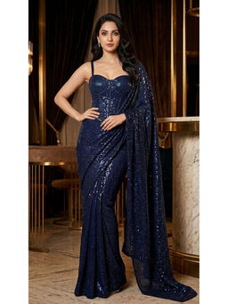 HANDME - Women's Navy Blue Net Embellished/Sequined Saree with Unstitched Blouse