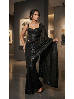 HANDME - Women's Black Net Embellished/Sequined Saree with Unstitched Blouse
