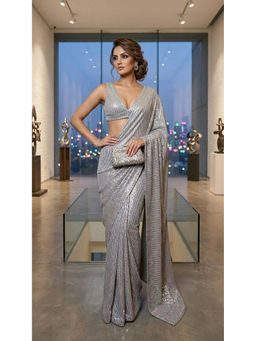 HANDME - Women's Silver Net Embellished/Sequined Saree with Unstitched Blouse