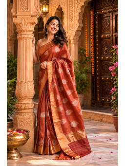 Anjaneya Sarees - Women's Rust Cotton Woven Saree with Unstitched Blouse