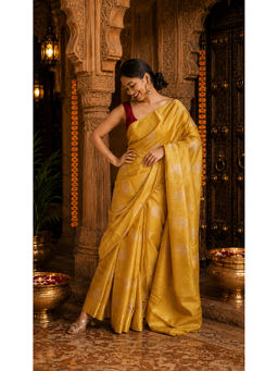 Anjaneya Sarees - Women's Yellow Cotton Woven Saree with Unstitched Blouse