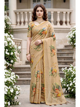 Sangam Prints - Women's Beige Cotton Floral Saree with Unstitched Blouse