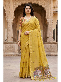 Sangam Prints - Women's Yellow Cotton Embroidered Saree with Unstitched Blouse