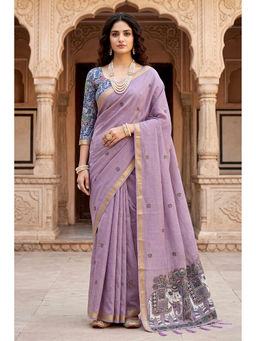Sangam Prints - Women's Lavender Cotton Embroidered Saree with Unstitched Blouse