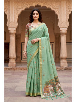 Sangam Prints - Women's Green Cotton Embroidered Saree with Unstitched Blouse