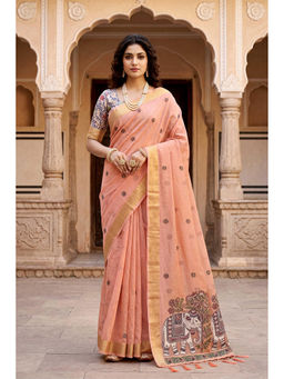 Sangam Prints - Women's Peach Cotton Embroidered Saree with Unstitched Blouse