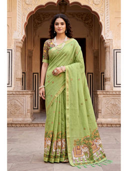 Sangam Prints - Women's Green Cotton Embroidered Saree with Unstitched Blouse