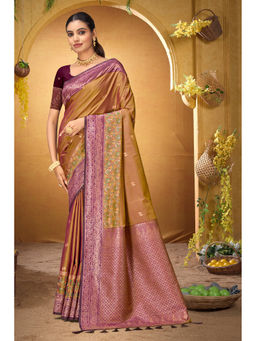 Sangam Prints - Women's Mustard Silk Woven Saree with Unstitched Blouse