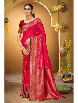 Sangam Prints - Women's Pink Silk Woven Saree with Unstitched Blouse