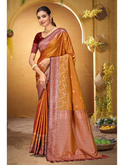 Sangam Prints - Women's Copper Silk Woven Saree with Unstitched Blouse