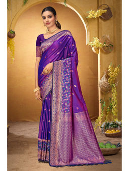 Sangam Prints - Women's Purple Silk Woven Saree with Unstitched Blouse