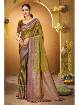 Sangam Prints - Women's Olive Silk Woven Saree with Unstitched Blouse