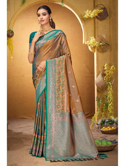 Sangam Prints - Women's Bronze Silk Woven Saree with Unstitched Blouse